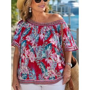 Colleen Lopez Womens 1X Red Tropical Floral Off The Shoulder Rayon Blouse